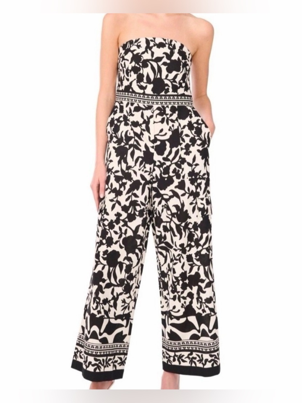 MSK Linen-Blend Strapless Jumpsuit- Black and White